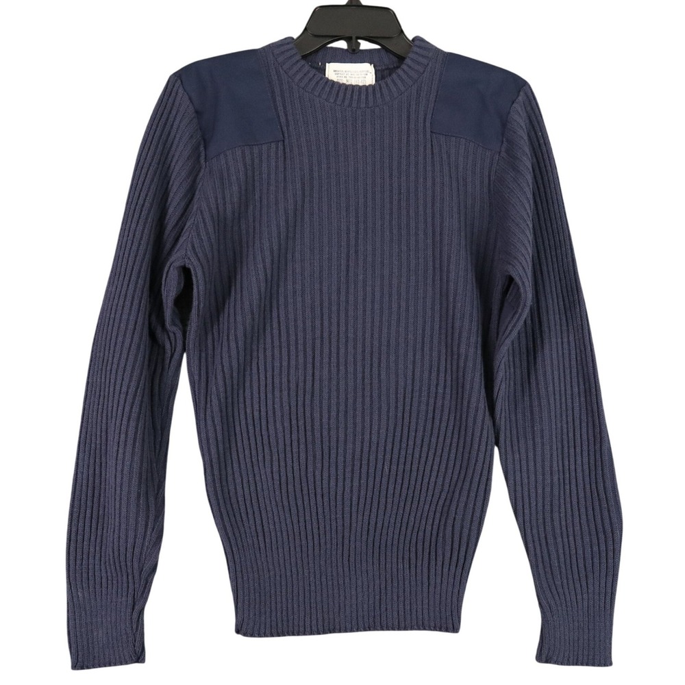 Vintage 70s Military Commando Sweater Mens M Navy Ribbed Patch Utility Sweater